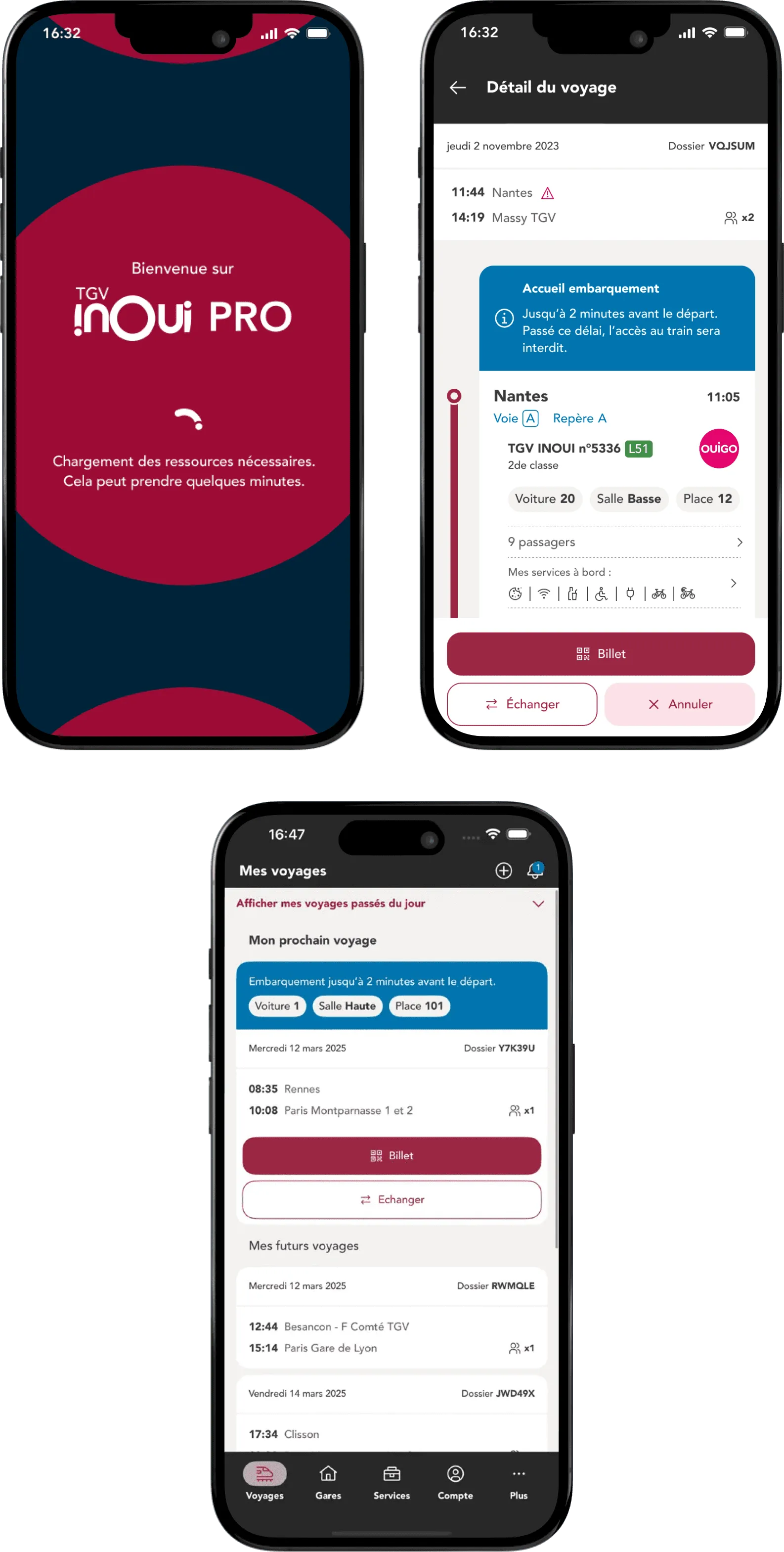 Écrans de l’application TGV INOUI PRO