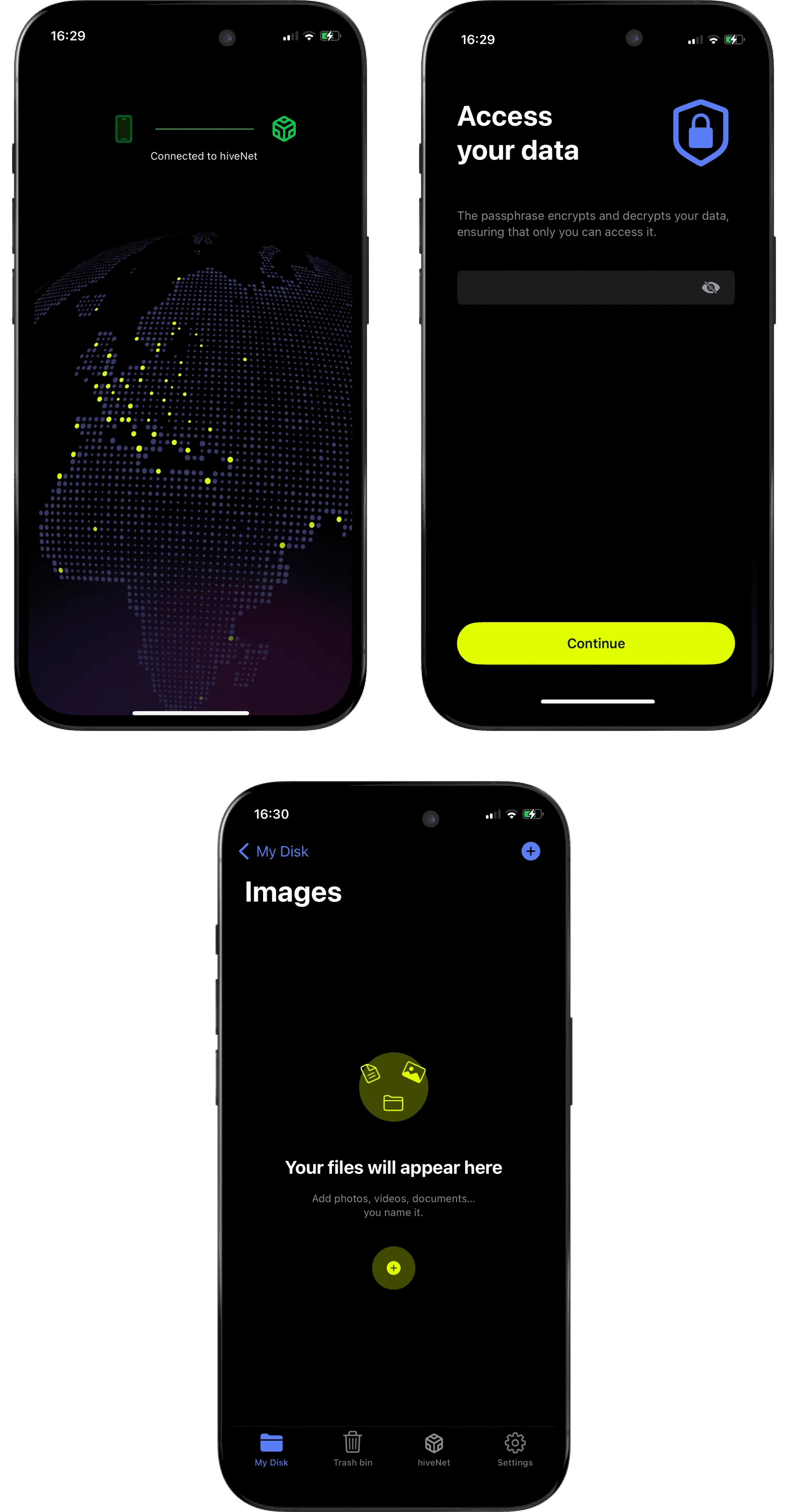 Écrans de l’application Hivenet
